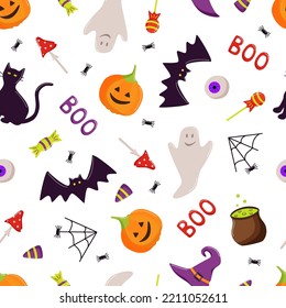 Seamless Pattern Cartoon set of Halloween icons, vector doodle illustration, holiday elements day of the dead