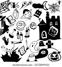 seamless pattern with cartoon, set of Halloween doodle icon from hand drawing style of black line on white background ghost, spider, rip, spider, moon, cloud	