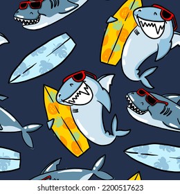 Seamless pattern with cartoon shark with sunglasses and surf. Background for textile, fabric, stationery, clothes, socks, web and other designs.