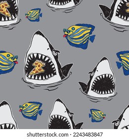 Seamless pattern of a cartoon shark with tropical fish background elements. For swimming wear.