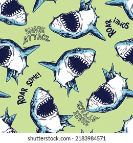 Seamless pattern of a cartoon Shark with typography background elements