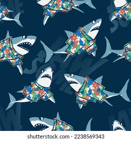 Seamless pattern of a cartoon shark and typography background elements. Shark wearing shirt. For boys T-shirt.