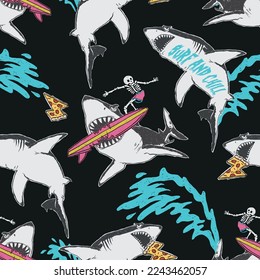 Seamless pattern of a cartoon shark with wave and surf skeleton background elements.