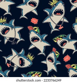 Seamless pattern of a cartoon sharks background elements. For boys t-shirt and swim wear.