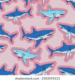 Seamless pattern of a Cartoon sharks background elements. Swimming wear graphic pattern for boys.