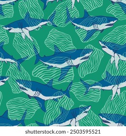 Seamless pattern of a Cartoon sharks background elements. Swimming wear graphic pattern for boys.