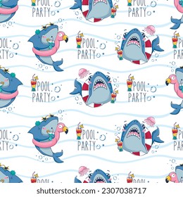 Seamless pattern with cartoon sharks with cocktails and inflatable circles among the sea waves and the inscription pool party in a flat style. Vector illustration of the underwater world.