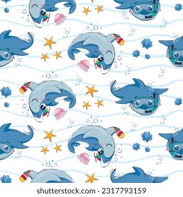 Seamless pattern with cartoon sharks with ice cream swimming among the sea waves, jellyfish and starfish in an underwater mask in a flat style. Vector illustration of the underwater world.