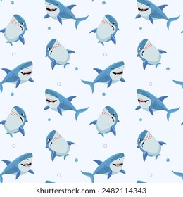 Seamless pattern with cartoon sharks. Shark vector backgrounds. Funny fish characters