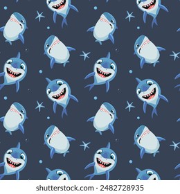 Seamless pattern with cartoon sharks. Shark vector backgrounds. Funny fish characters