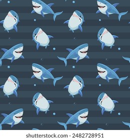 Seamless pattern with cartoon sharks. Shark vector backgrounds. Funny fish characters