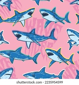 Seamless pattern of a Cartoon sharks and typography background elements.Swimming wear graphic pattern for boy.