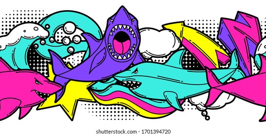 Seamless pattern with cartoon sharks. Urban colorful teenage creative background. Fashion symbols in modern comic style.