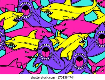 Seamless pattern with cartoon sharks. Urban colorful teenage creative background. Fashion symbols in modern comic style.