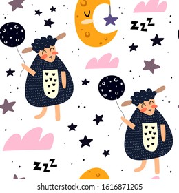 Seamless pattern with cartoon sheep, clouds, stars, decor elements. Flat style, colorful vector illustration for kids. hand drawing. baby design for fabric, textile, wrapper, print.