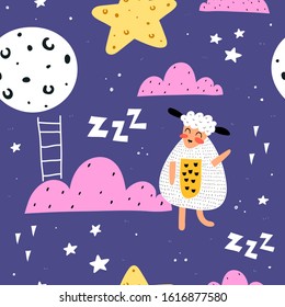 Seamless pattern with cartoon sheep, clouds, stars, decor elements on a neutral background. Flat style, colorful vector illustration for kids. hand drawing. baby design for fabric, textile, wrapper, p