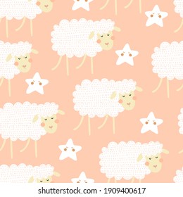 Seamless pattern with cartoon sheep. Colorful vector, flat style. baby design for fabric, print, textile, wrapper.