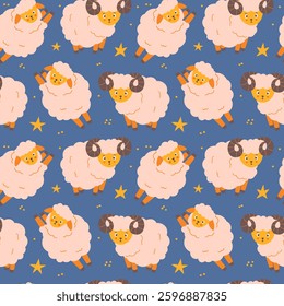 Seamless pattern with cartoon sheep. Counting sheep before bedtime. Vector illustration