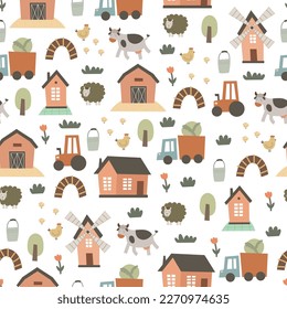 Seamless pattern with cartoon sheep, cow, chicken, barn, decor elements. Farm. Flat colorful vector for kids. hand drawing. animals. baby design for fabric, textile, wrapper, print.