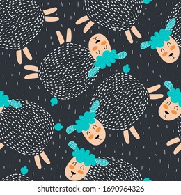 Seamless pattern with cartoon sheep, decor elements flat vector on a neutral background. Colorful hand drawing for kids. baby design for fabric, print, wrapper, textile