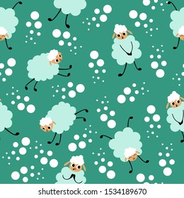 Seamless pattern with cartoon sheep in different poses and situations. Cute animals with circles on green background. Flat vector illustration.