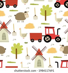 Seamless pattern with cartoon sheep, goose, tractor, mill, tree, decor elements. Farm. Flat colorful vector for kids. hand drawing. animals. baby design for fabric, textile, wrapper, print.