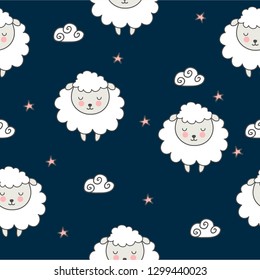 Seamless pattern with cartoon sheep on a dark background with clouds and stars. Vector illustration drawn by hand.