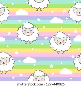 Seamless pattern with cartoon sheep on a rainbow background with clouds and stars. Vector illustration drawn by hand.