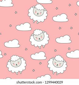 Seamless pattern with cartoon sheep on a pink background with clouds and stars. Vector illustration drawn by hand.