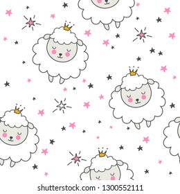 Seamless pattern with cartoon sheep princesses,  stars. Vector illustration drawn by hand.