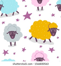 Seamless pattern with cartoon sheep, stars, decor elements. flat vector. Colorful hand drawing for kids. baby design for fabric, print, wrapper, textile