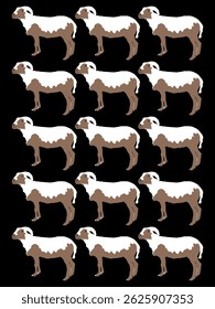 Seamless pattern of cartoon sheep with white wool and brown body on black background.