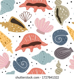 
Seamless pattern with cartoon shells, decor elements. colorful vector. hand drawing, flat style. design for fabric, print, textile, wrapper
