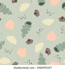 Seamless pattern with cartoon shells, decor elements. colorful vector. hand drawing, flat style. design for fabric, print, textile, wrapper