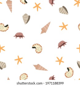 Seamless pattern with cartoon shells, decor elements. colorful vector. hand drawing, flat style. design for fabric, print, textile, wrapper