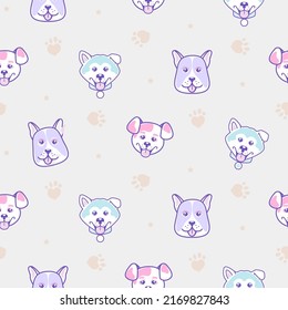 Seamless Pattern with Cartoon Shiba Dogs Design on White Background. Pastel puppy pattern.