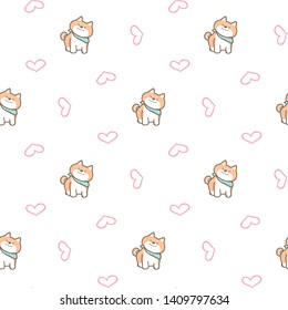 Seamless Pattern of Cartoon Shiba Inu Dog and Heart Design on White Background
