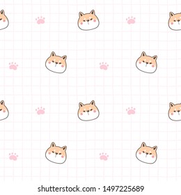 Seamless Pattern of Cartoon Shiba Inu Face and Paw Design on White Background with Pink Lines