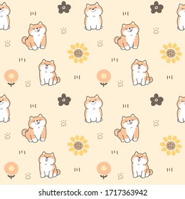 Seamless Pattern of Cartoon Shiba Inu Dogs on Light Yellow Background with Flowers and Paws