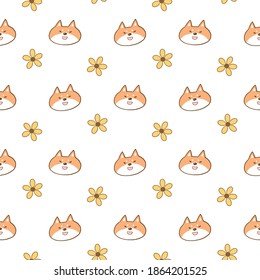 Seamless Pattern with Cartoon Shiba Inu Face and Flower Design on White Background