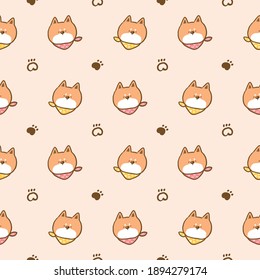 Seamless Pattern with Cartoon Shiba Inu Face and Paw Illustration Design on Beige Color Background