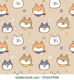 Nahtloses Muster mit Cartoon Shiba Inu Hunde-Gesichtserkennung, Design auf hellbraunem Hintergrund