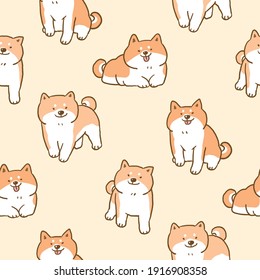 Seamless Pattern with Cartoon Shiba Inu Illustration on Light Yellow Background