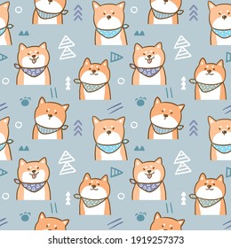 Seamless Pattern with Cartoon Shiba Inu Dog Illustration Design on Blue Grey Background