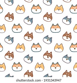 Seamless Pattern with Cartoon Shiba Inu Face Design on White Background