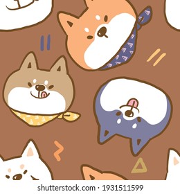 Seamless Pattern with Cartoon Shiba Inu dog Face Deign on Brown Background