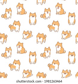 Seamless Pattern of Cartoon Shiba Inu Dog Illustration Design on White Background