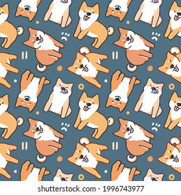 Seamless Pattern of Cartoon Shiba Inu Dog Illustration Design on Dark Blue Background