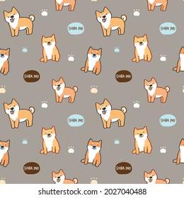 Nahtloses Muster mit Cartoon Shiba Inu Hund-Design auf dunkelgrauem Hintergrund