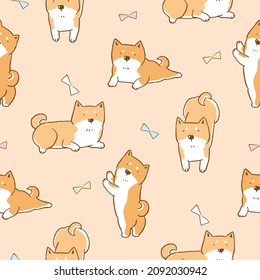 Nahtloses Muster mit Cartoon Shiba Inu Hundedesign auf hellorangefarbenem Hintergrund